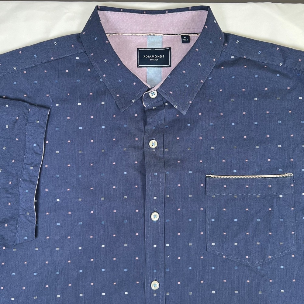 7 Diamonds Mens Navy Blue Short Sleeve Stretch Button Down Shirt XL Modular Mix
